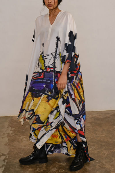 Printed silk kaftan and skirt