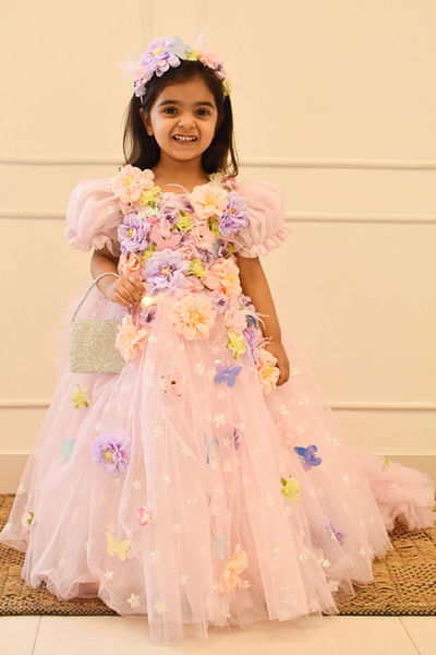 Baby pink 3D floral embellished gown