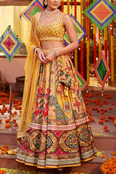 Yellow artisanal print lehenga set