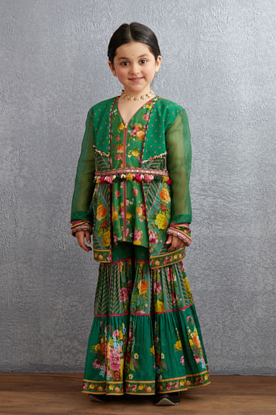 Green floral print woven sharara set