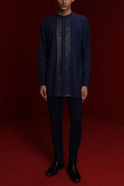 Navy blue embroidered short kurta