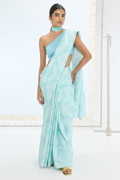 Blue digital print and embroidered sari set
